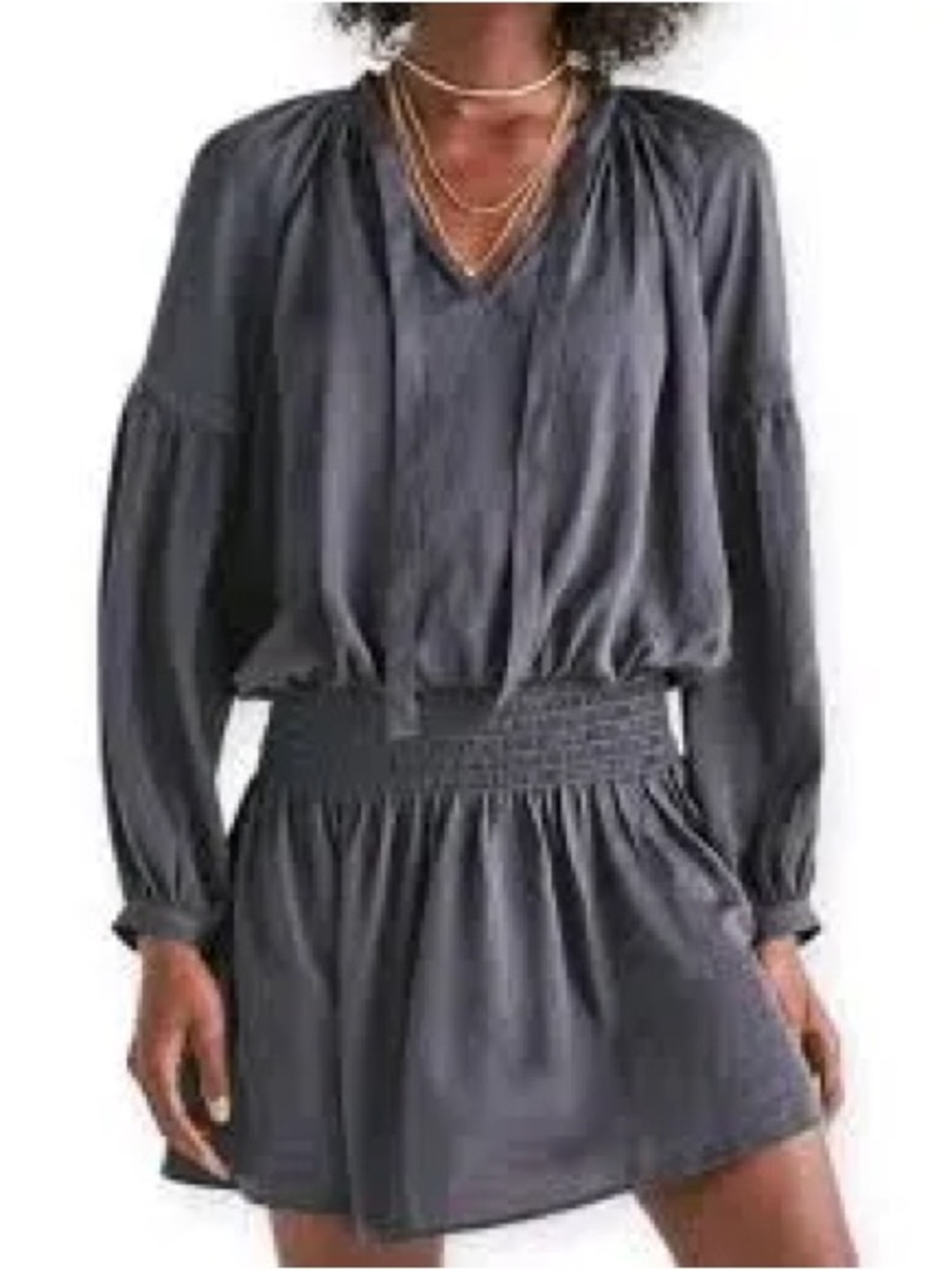 Lucky Brand Women's Charcoal Gray Long-Sleeve Smocked Waist Dress